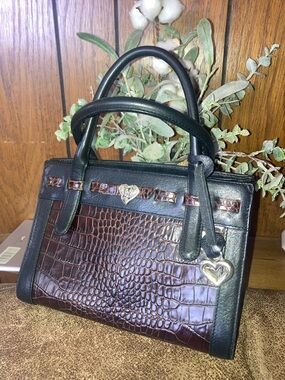 Brighton Black & Brown Croc-Embossed Tote Handbag with Heart Charm